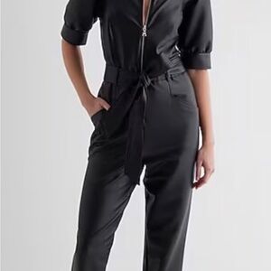 Express Black Zip-Up Jumpsuit Faux Leather Puff Sleeve